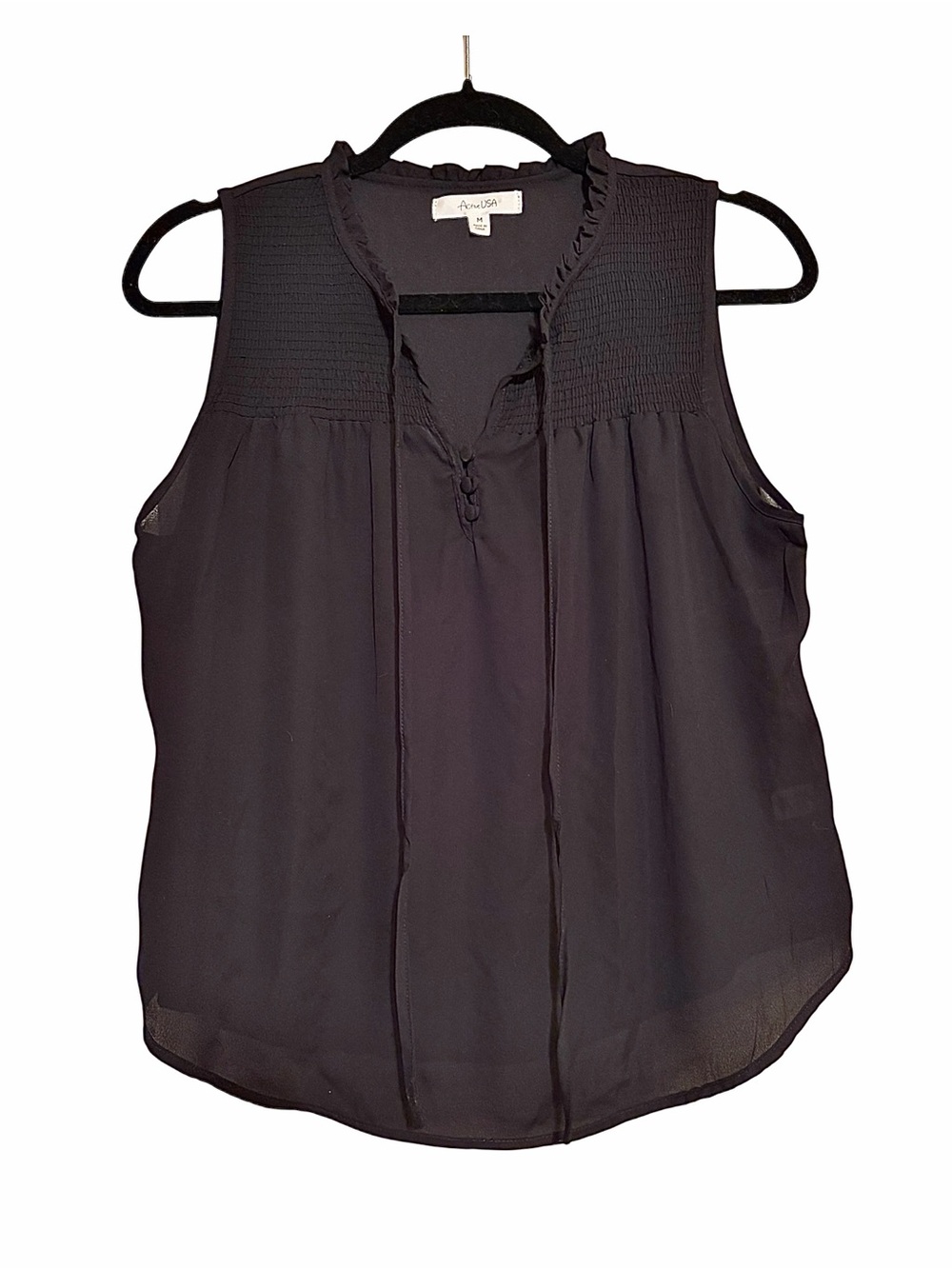 Active USA Black Sleeveless Smocked Yoke Tie-Front Camisole Size M